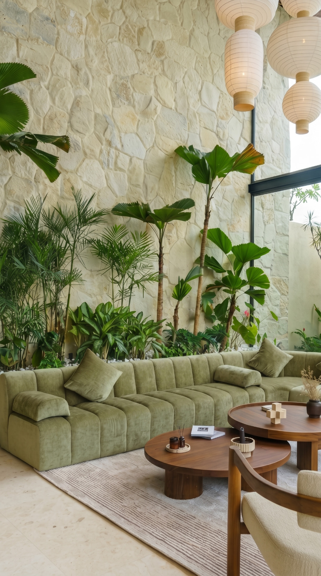 Empty villa lounge with green sofa and tropical planting