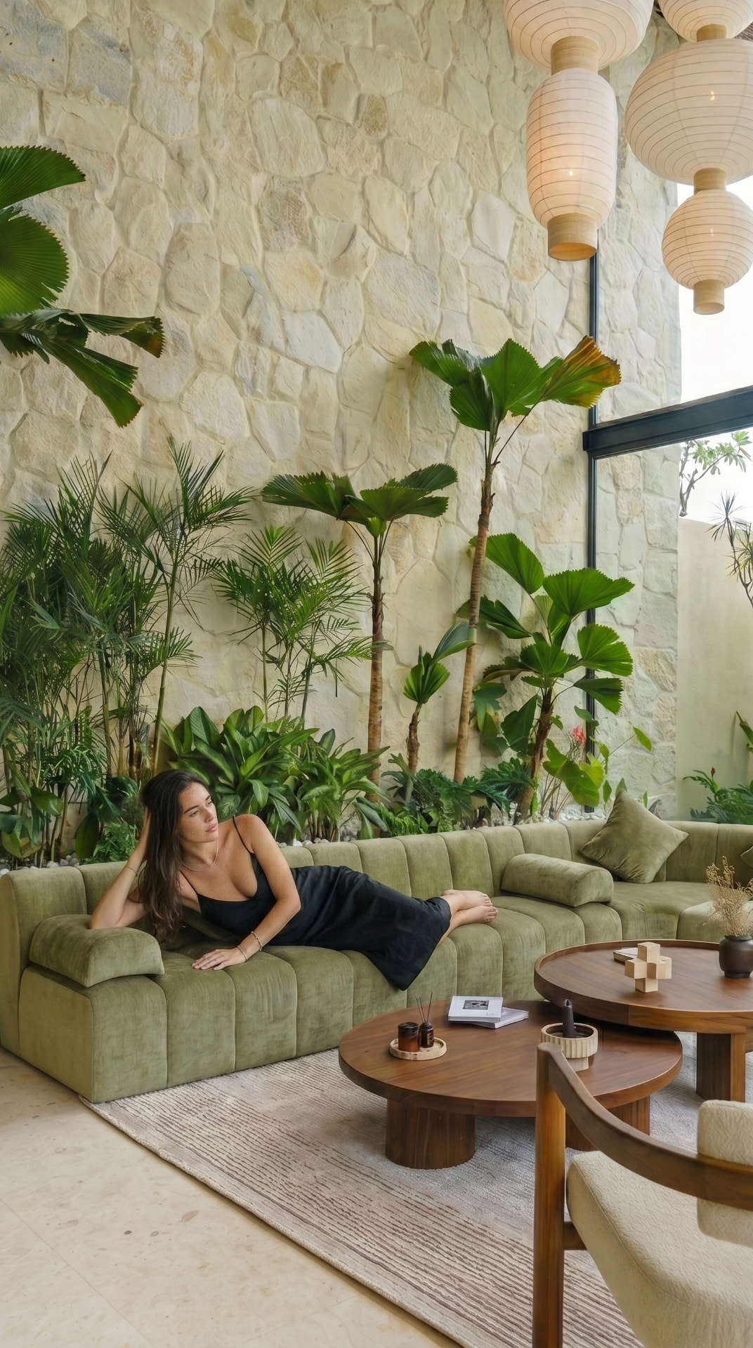 Model relaxing on the green sofa in the villa lounge